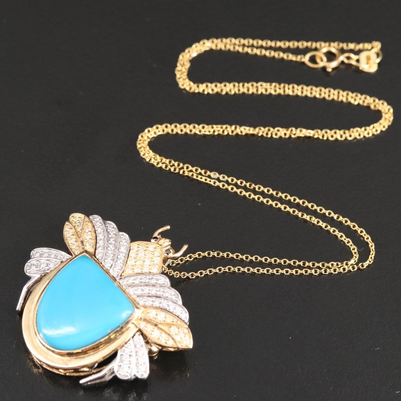 Round Cut 18K Gold / Chromia Massive 11 CT Turquoise Diamond 3D Beetle Converter Necklace For Sale