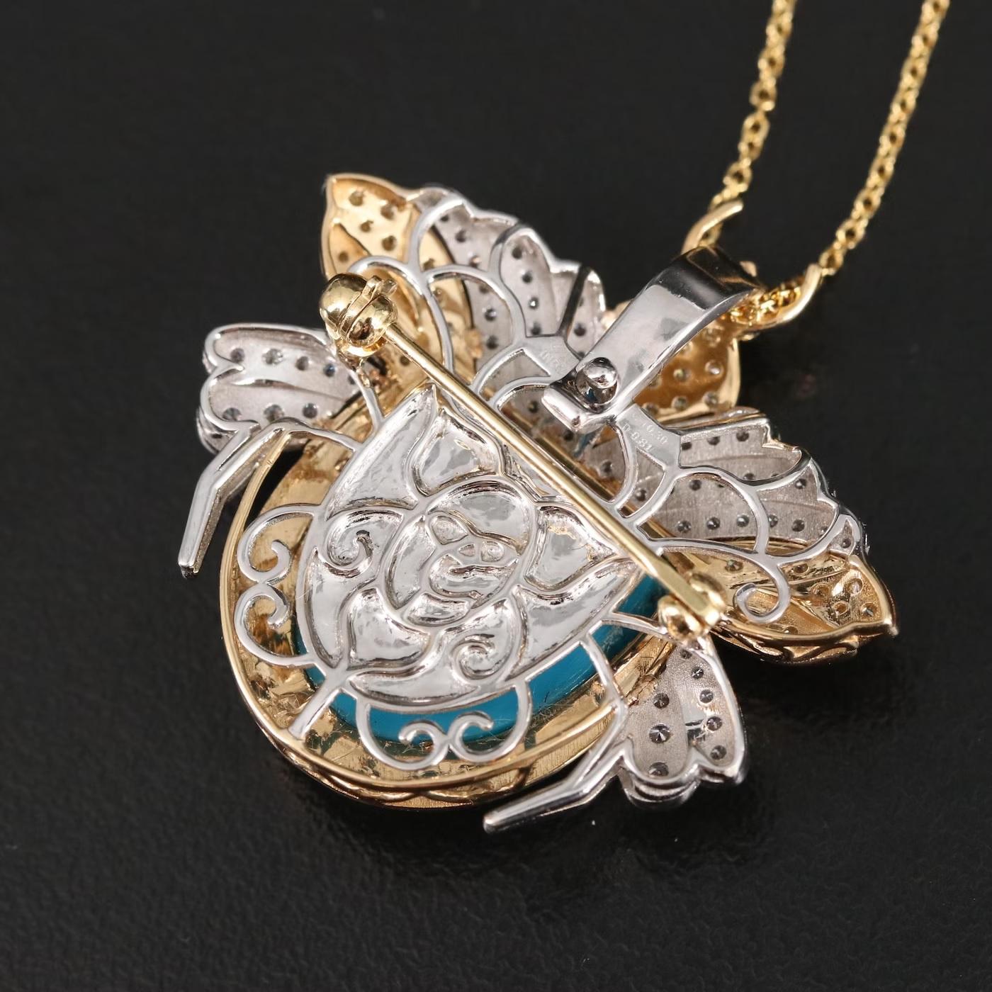 18K Gold / Chromia Massive 11 CT Turquoise Diamond 3D Beetle Converter Necklace In New Condition For Sale In Rancho Mirage, CA