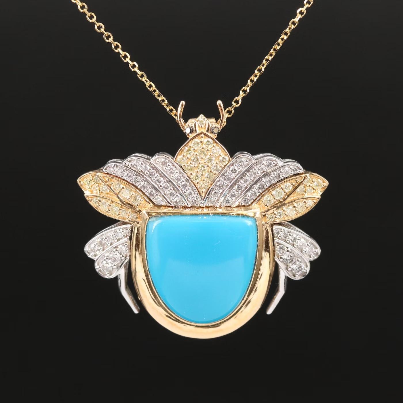 18K Gold / Chromia Massive 11 CT Turquoise Diamond 3D Beetle Converter Necklace For Sale 1