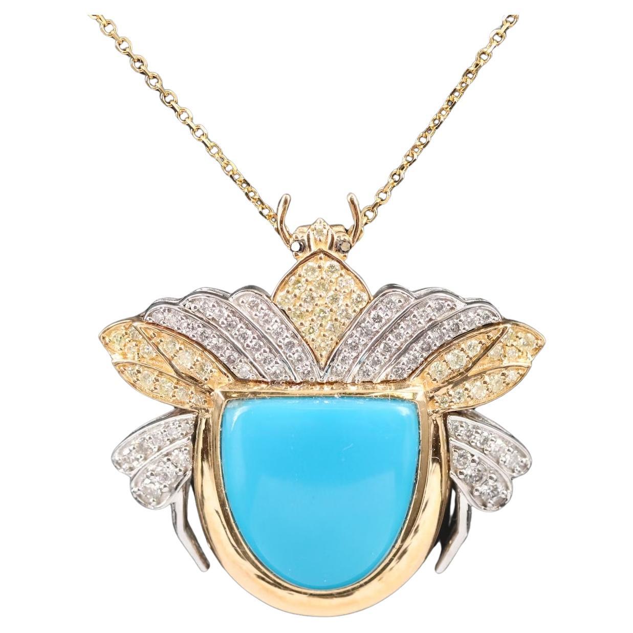 18K Gold / Chromia Massive 11 CT Turquoise Diamond 3D Beetle Converter Necklace For Sale
