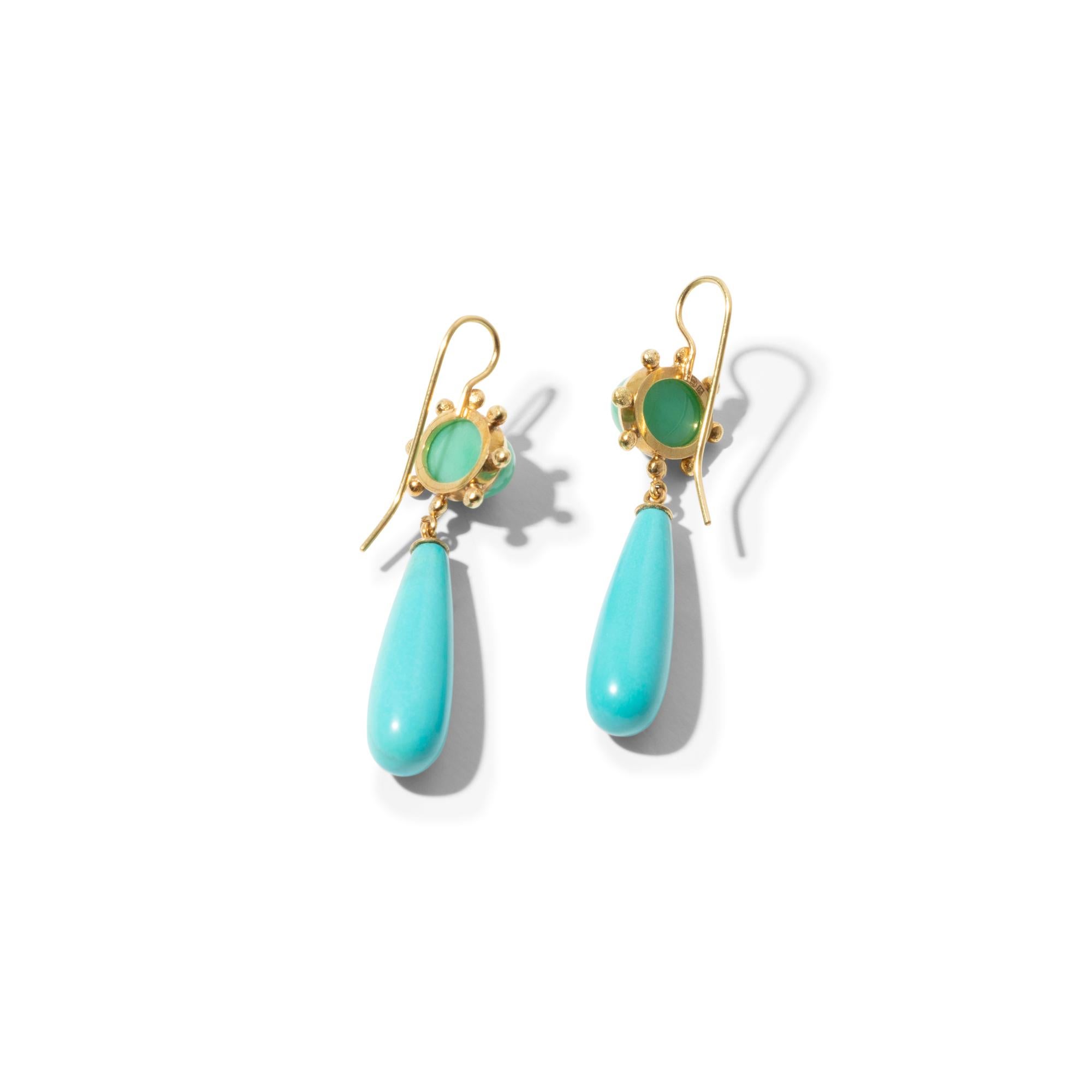 One-of-a-kind and handcrafted pair of earrings in 18k gold using a bold colour combination of mint green chrysoprase cabochons and long turquoise drops.  Youthful and fresh, the perfect set for spring and summer, or to brighten up a grey day. 