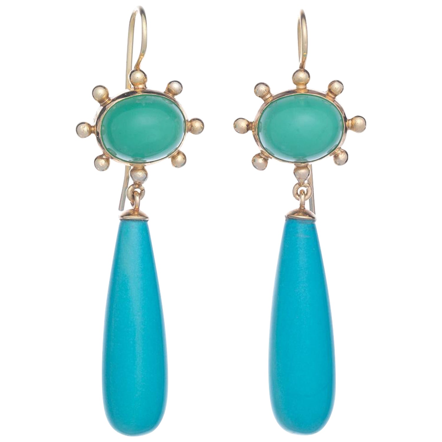 Boucles d'oreilles pendantes en or 18k chrysophrase et turquoise en vente
