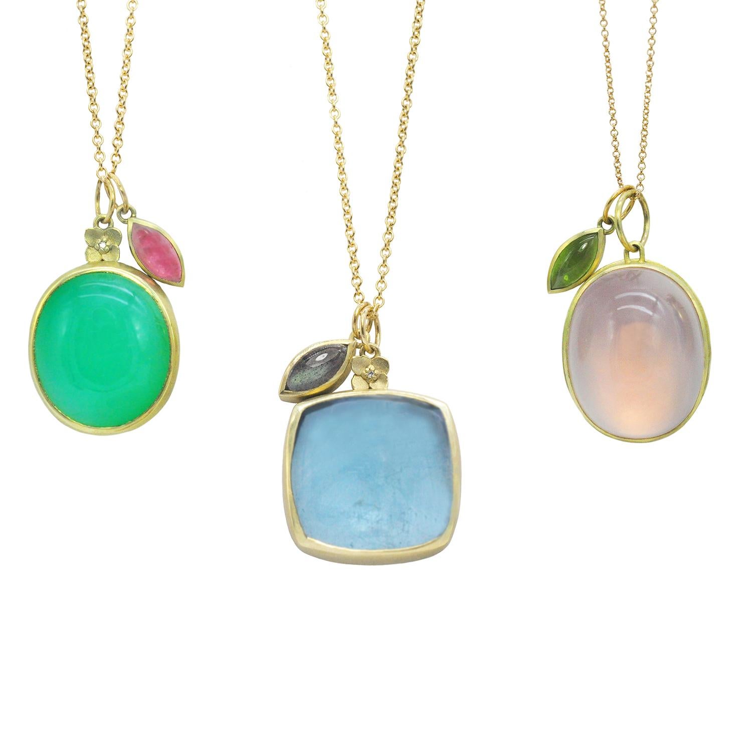 Cabochon 18k Gold Chrysoprase and Pink Tourmaline Botanical Charm Necklace  For Sale
