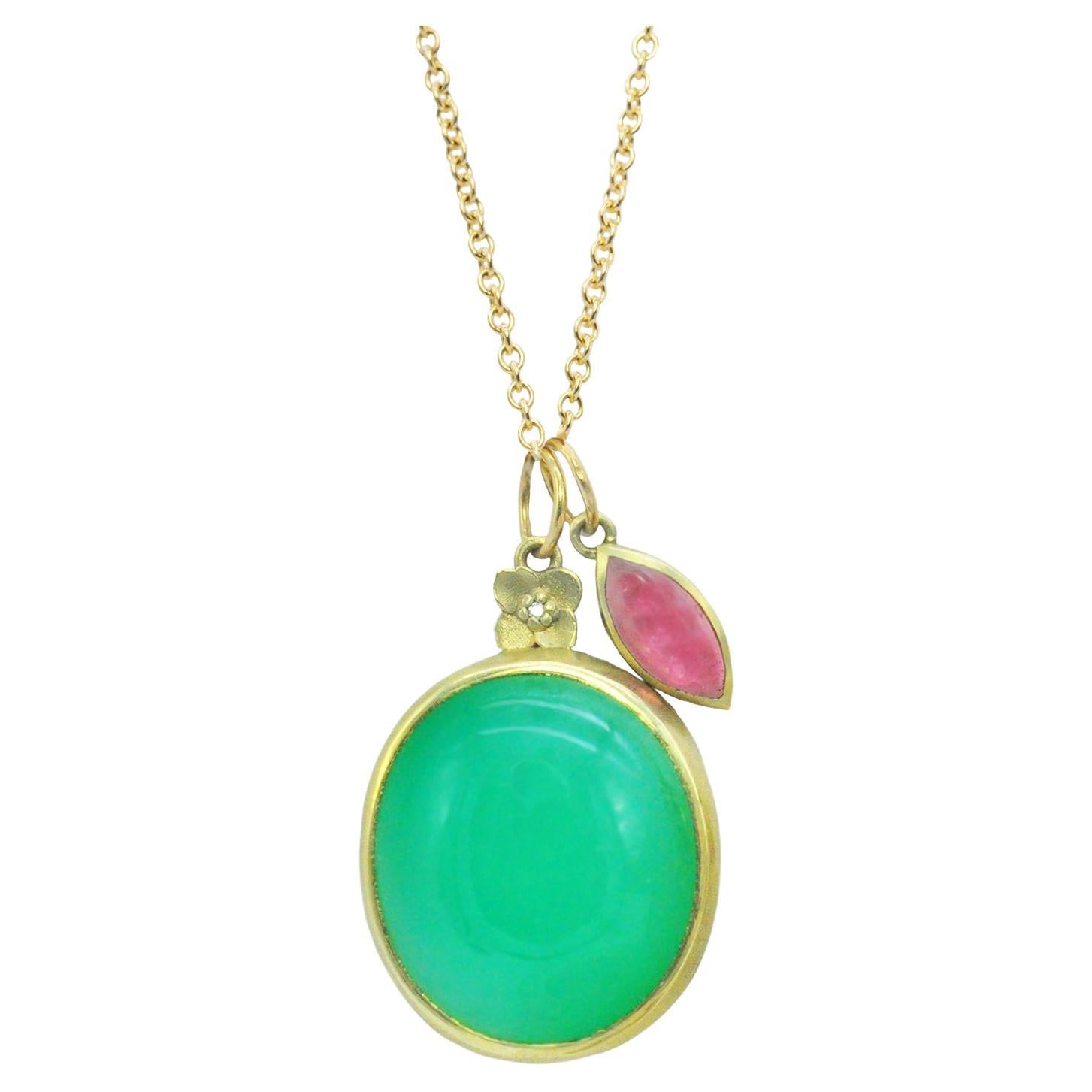 18k Gold Chrysoprase and Pink Tourmaline Botanical Charm Necklace  For Sale