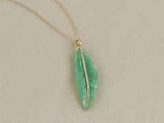 18K gold Chrysoprase leaf pendant with natural diamonds