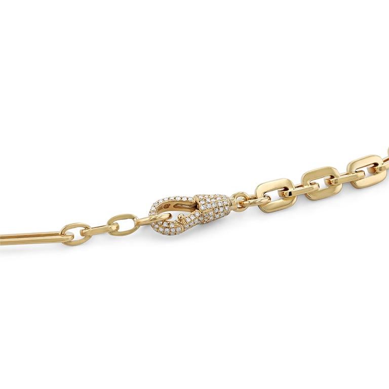Meticulously handmade in our workshop, this 18k gold mixed links chain is embellished with a white diamond hook and circle. The intricate design makes it the perfect piece to wear on its own or add some charms on the hook and/or circle to make it