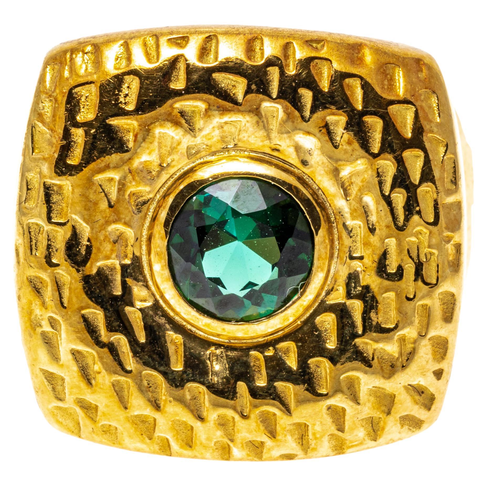 18k Gold Chunky Square Cushion Dome Ring Set with a Green Tourmaline For Sale