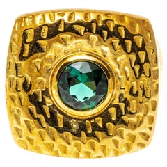 18k Gold Chunky Square Cushion Dome Ring Set with a Green Tourmaline