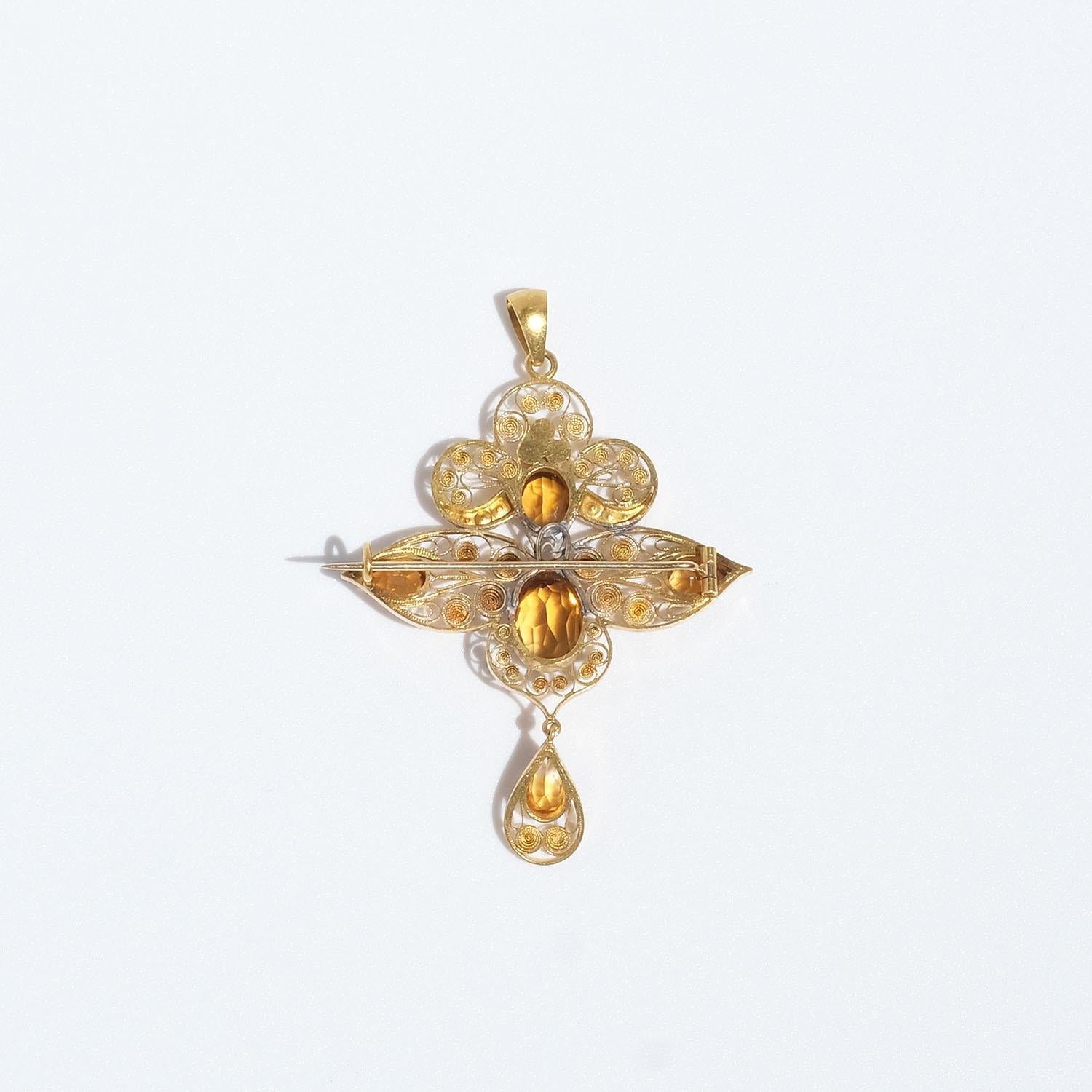 Mixed Cut 18k Gold, Citrine and Seed Bead Brooch/Pendant Made Year 1915 For Sale