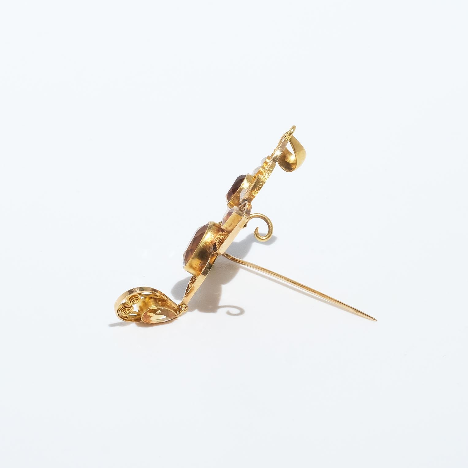 Women's or Men's 18k Gold, Citrine and Seed Bead Brooch/Pendant Made Year 1915 For Sale