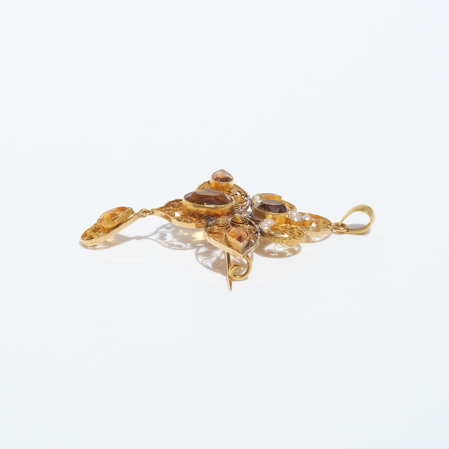 18k Gold, Citrine and Seed Bead Brooch/Pendant Made Year 1915 For Sale 2