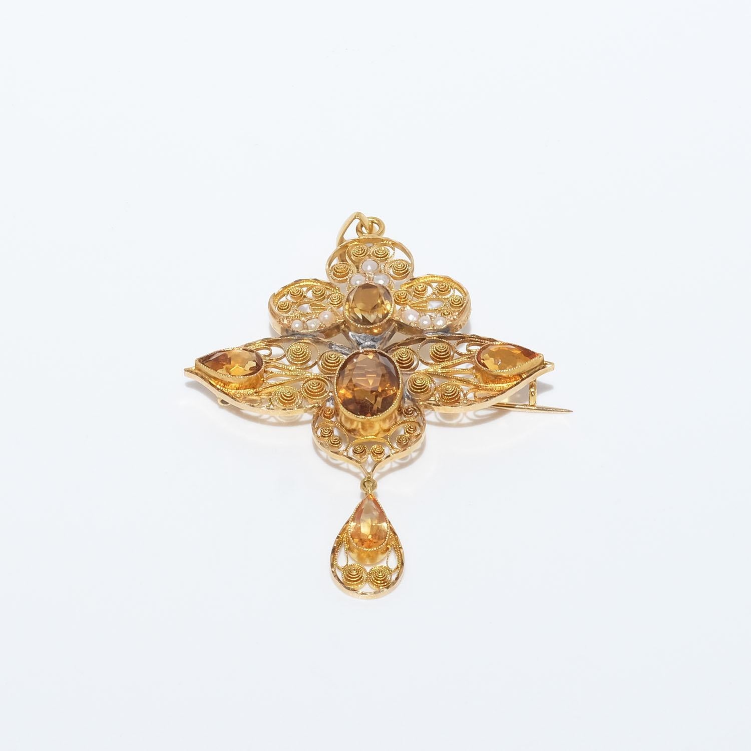 18k Gold, Citrine and Seed Bead Brooch/Pendant Made Year 1915 For Sale 3