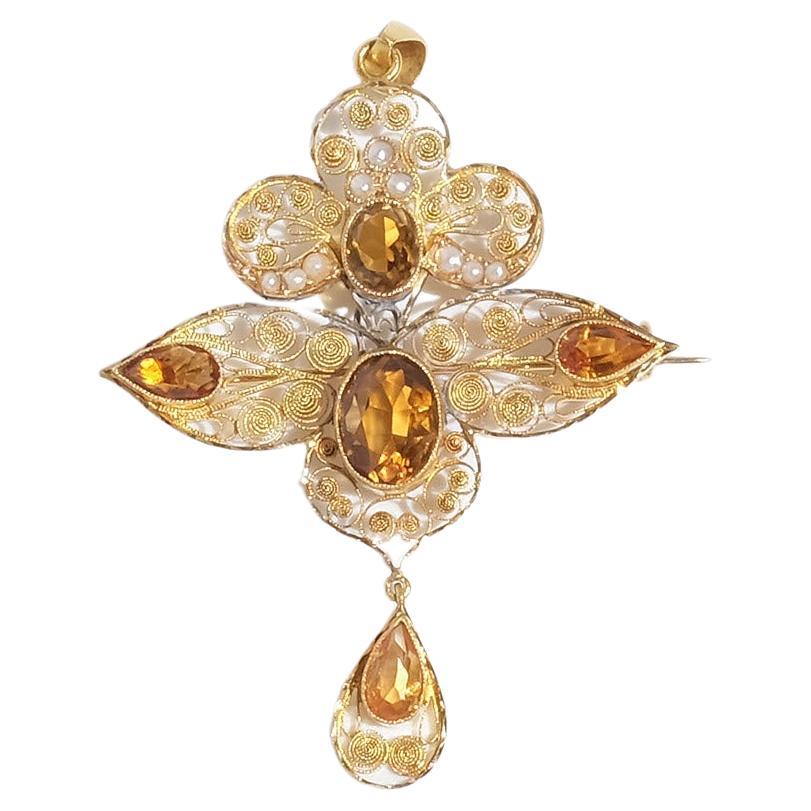 18k Gold, Citrine and Seed Bead Brooch/Pendant Made Year 1915 For Sale