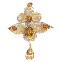 Broche/pendentif en or 18 carats, citrine et perles de rocaille, fabriquée en 1915