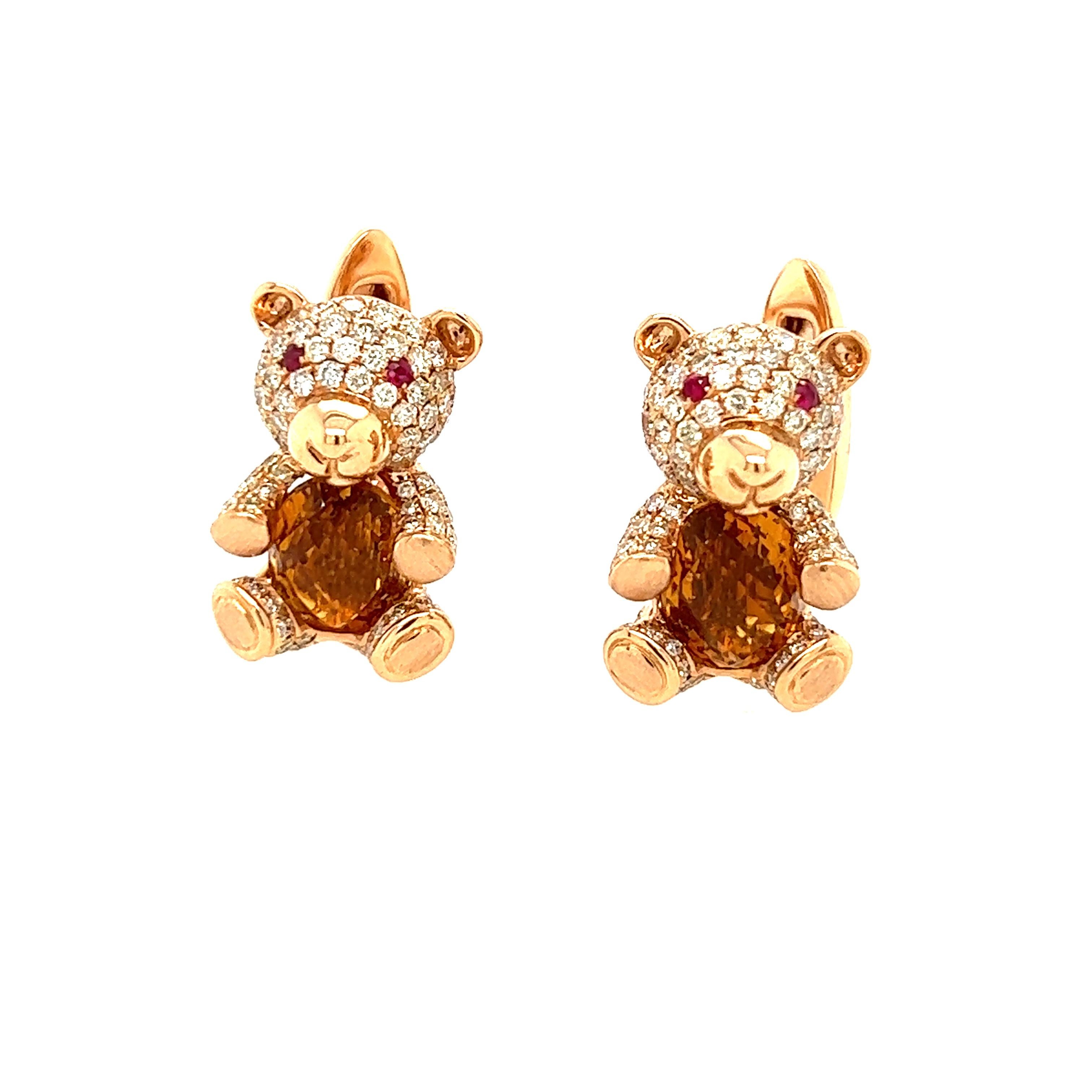 18K Gold Citrine Bear cufflinks with Diamonds and Rubies. Once piece only! 

2 CITRIN - 6.24 CT
194 DIAMONDS -  1.82 CT
4 Rubies - 0.07 CT
18K Rose Gold -  14.77 GM

CITRINE is a stone of ABUNDANCE and Wealth. In a physical sense, citrine's healing