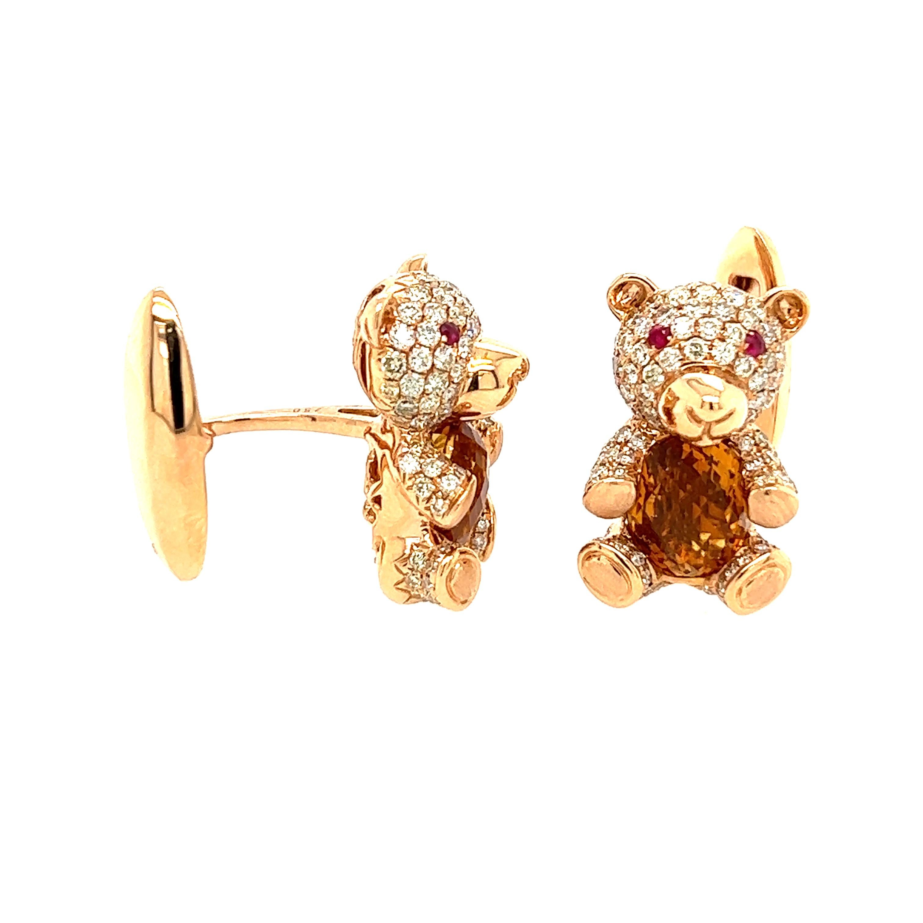 Modern 18K Gold Citrine Bear Cufflinks with Diamonds and Rubies