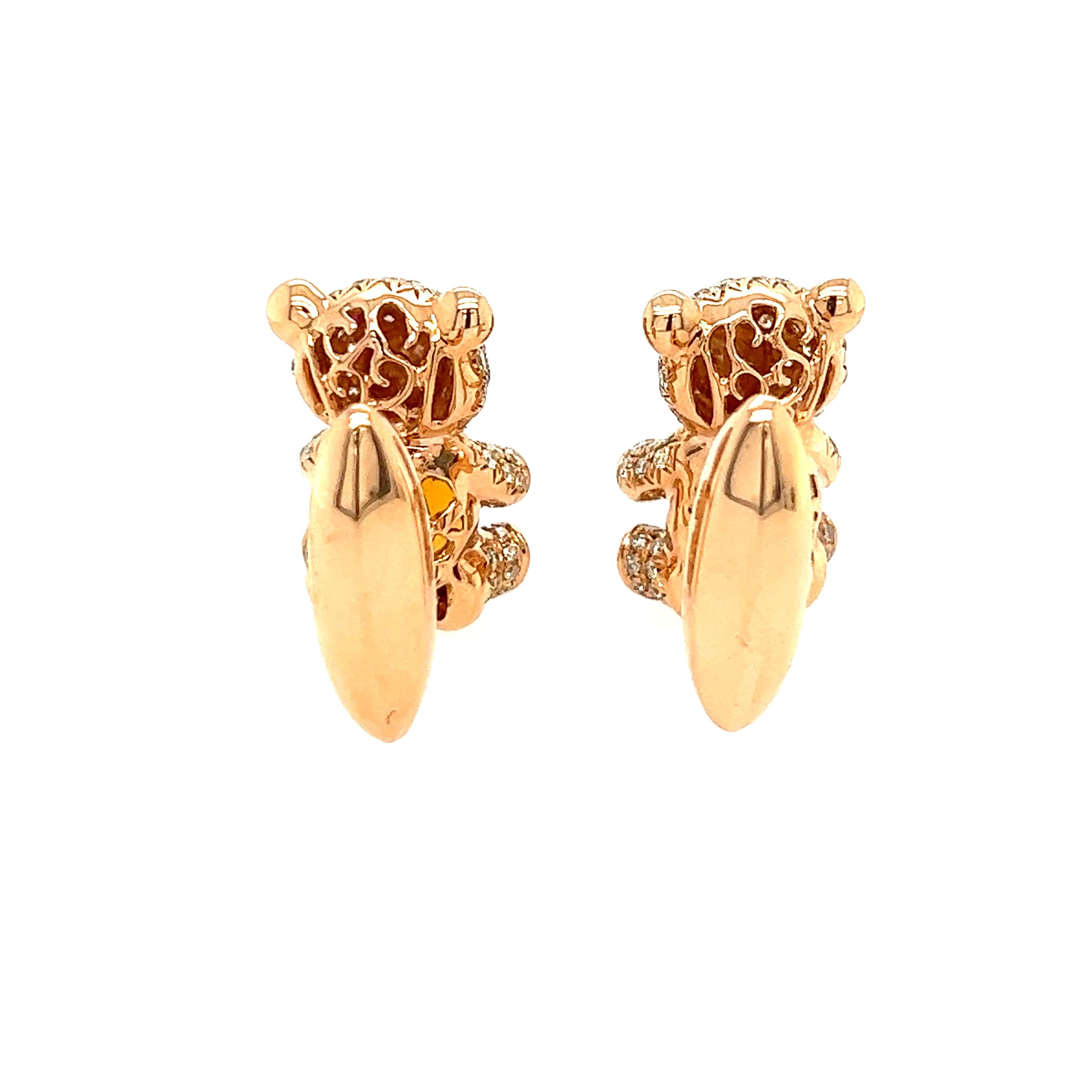 18K Gold Citrine Bear Cufflinks with Diamonds and Rubies In New Condition In Hong Kong, HK