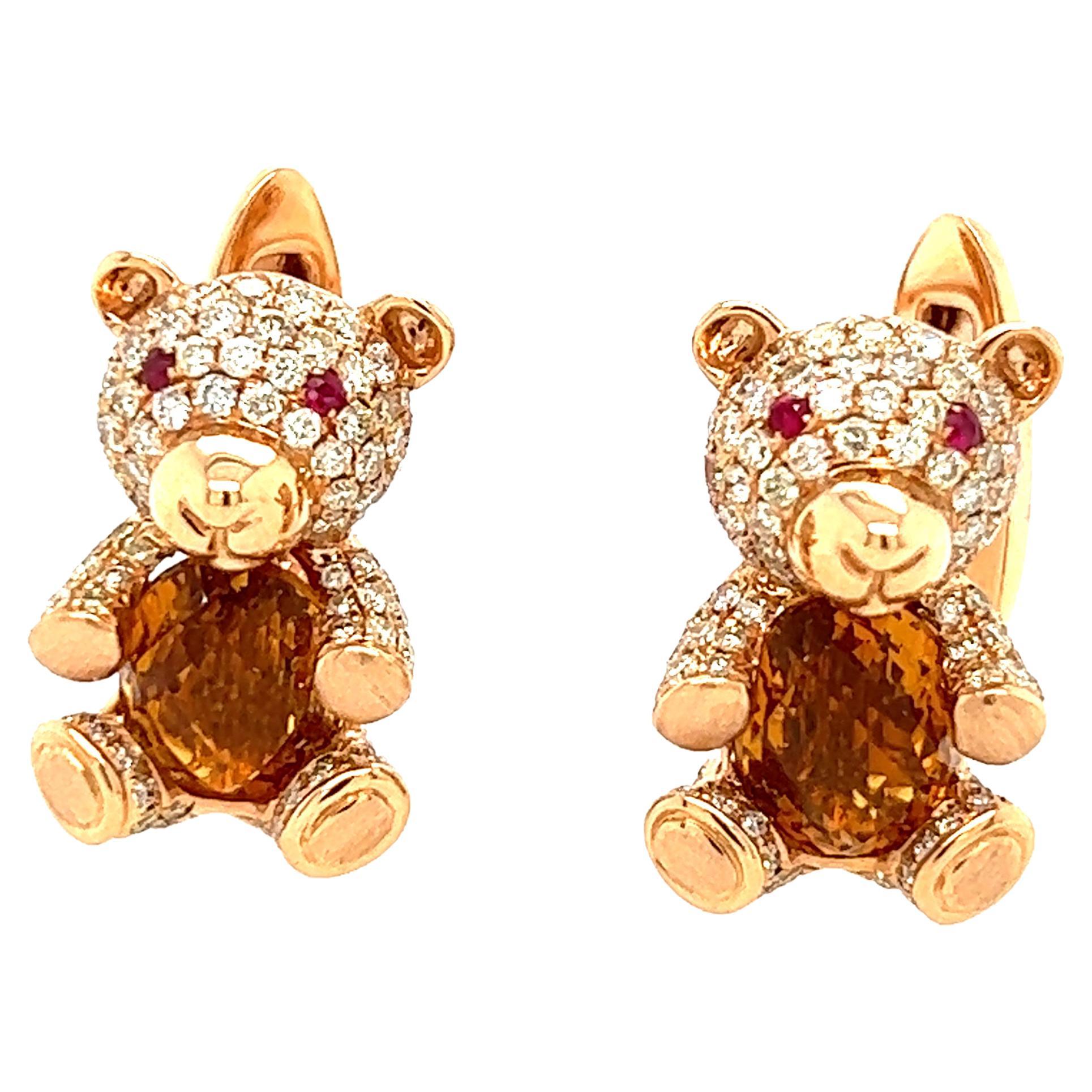 18K Gold Citrine Bear Cufflinks with Diamonds and Rubies