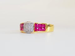 18K Gold Cluster Pave Diamond & 1.50ct Invisible Set Squared Ruby Band Ring