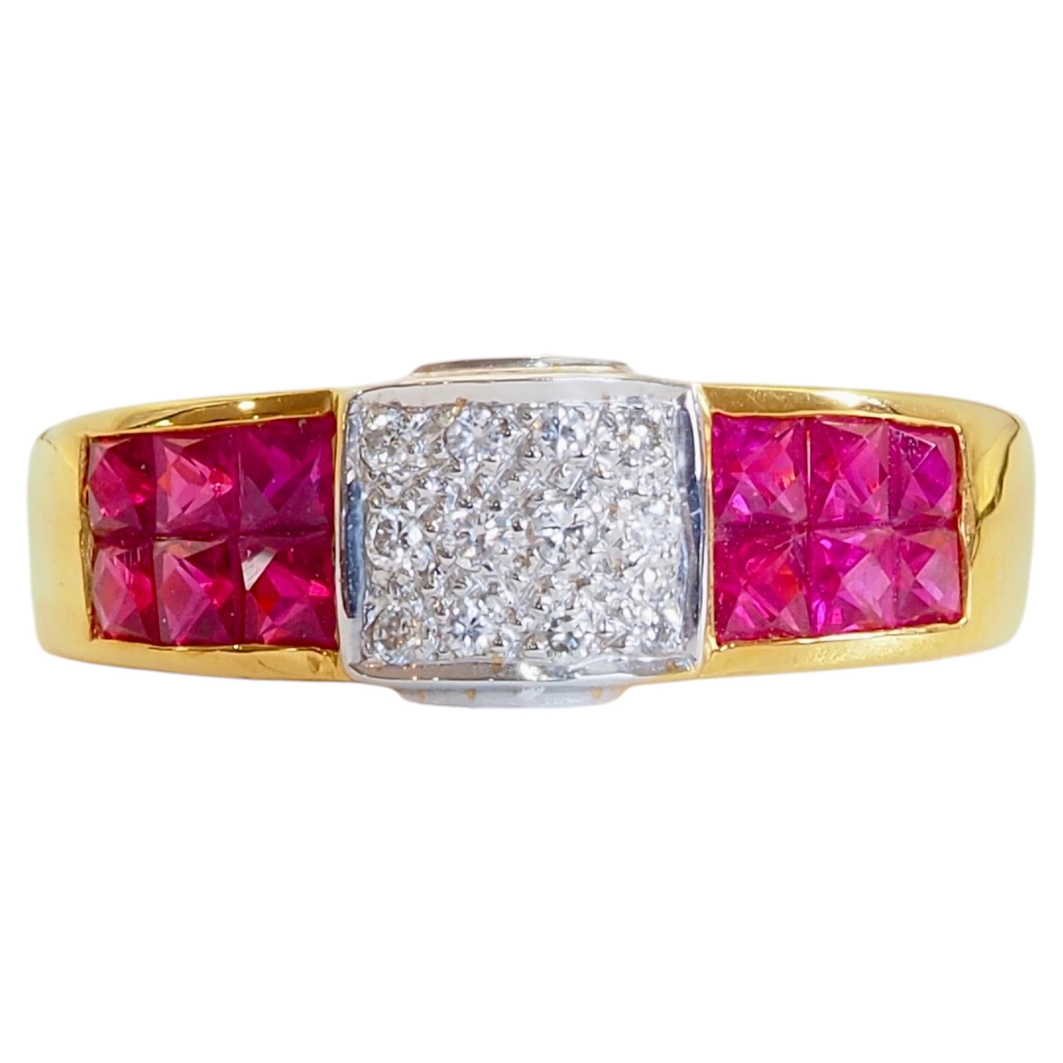 18K Gold Cluster Pave Diamant & 1,50ct unsichtbar Set quadratischen Rubin Band Ring im Angebot