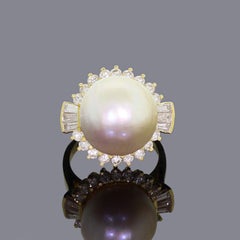 18 Karat Gold Cocktail Ring Jumbo Mabe Pearl Baguette and Round Diamond Halo