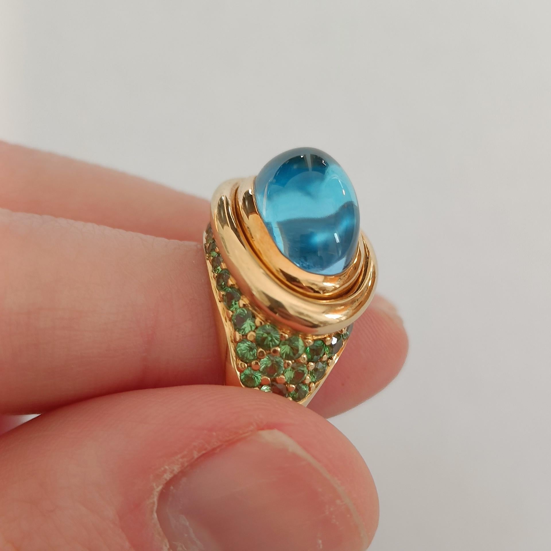 18k Gold Cocktail Ring with Blue Topaz Cabochon set with Tsavorites Pavé  For Sale 2