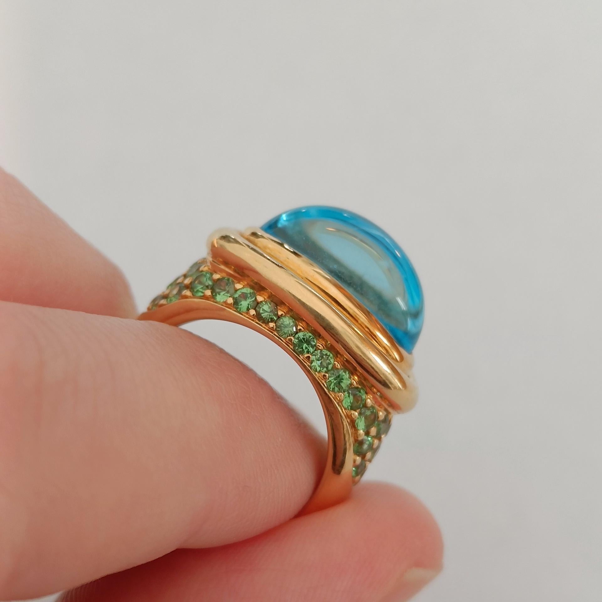 18k Gold Cocktail Ring with Blue Topaz Cabochon set with Tsavorites Pavé  For Sale 3