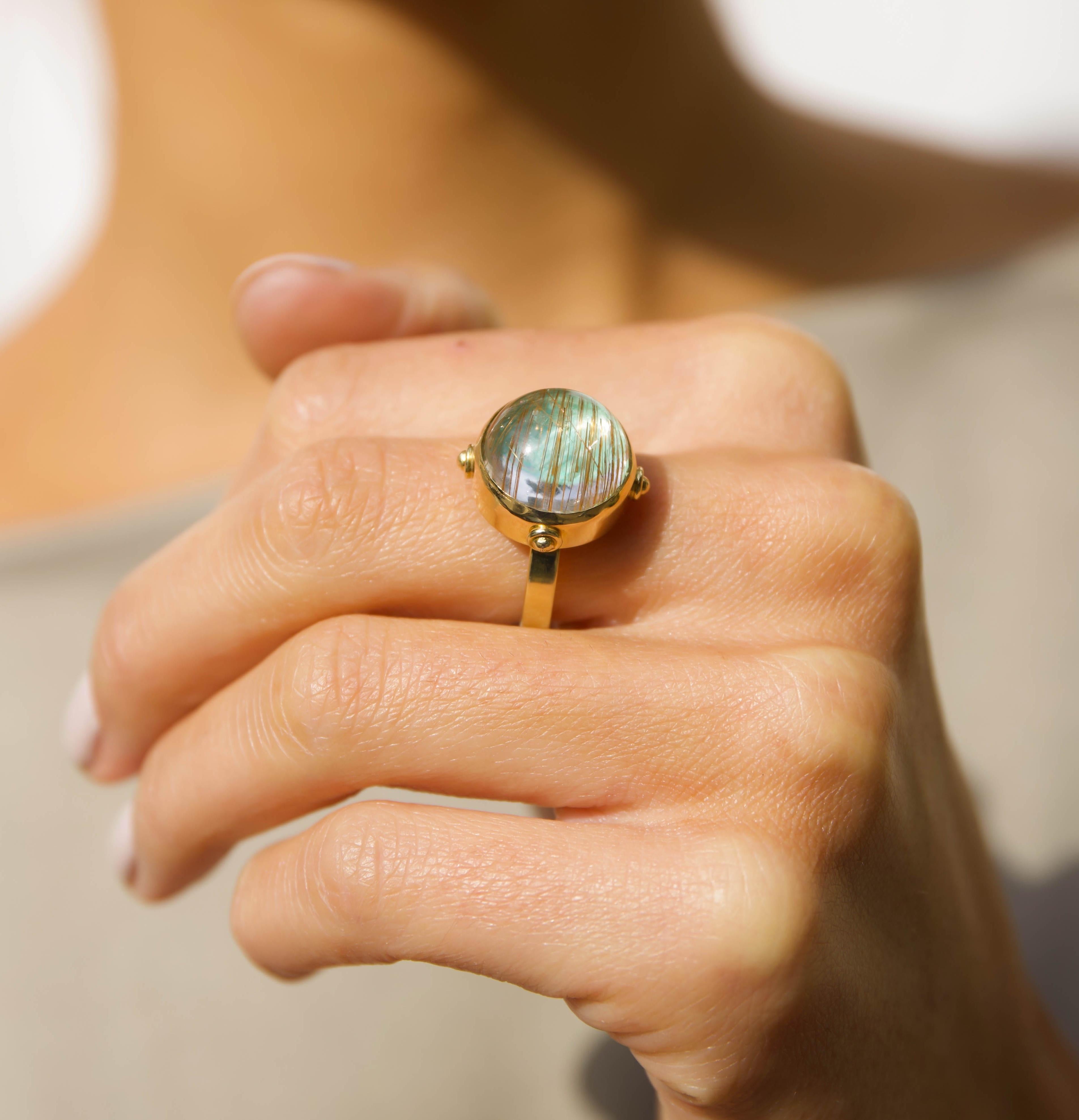 Cabochon 18k Gold Cocktail Ring with Rutilated Quartz on Turquoise For Sale