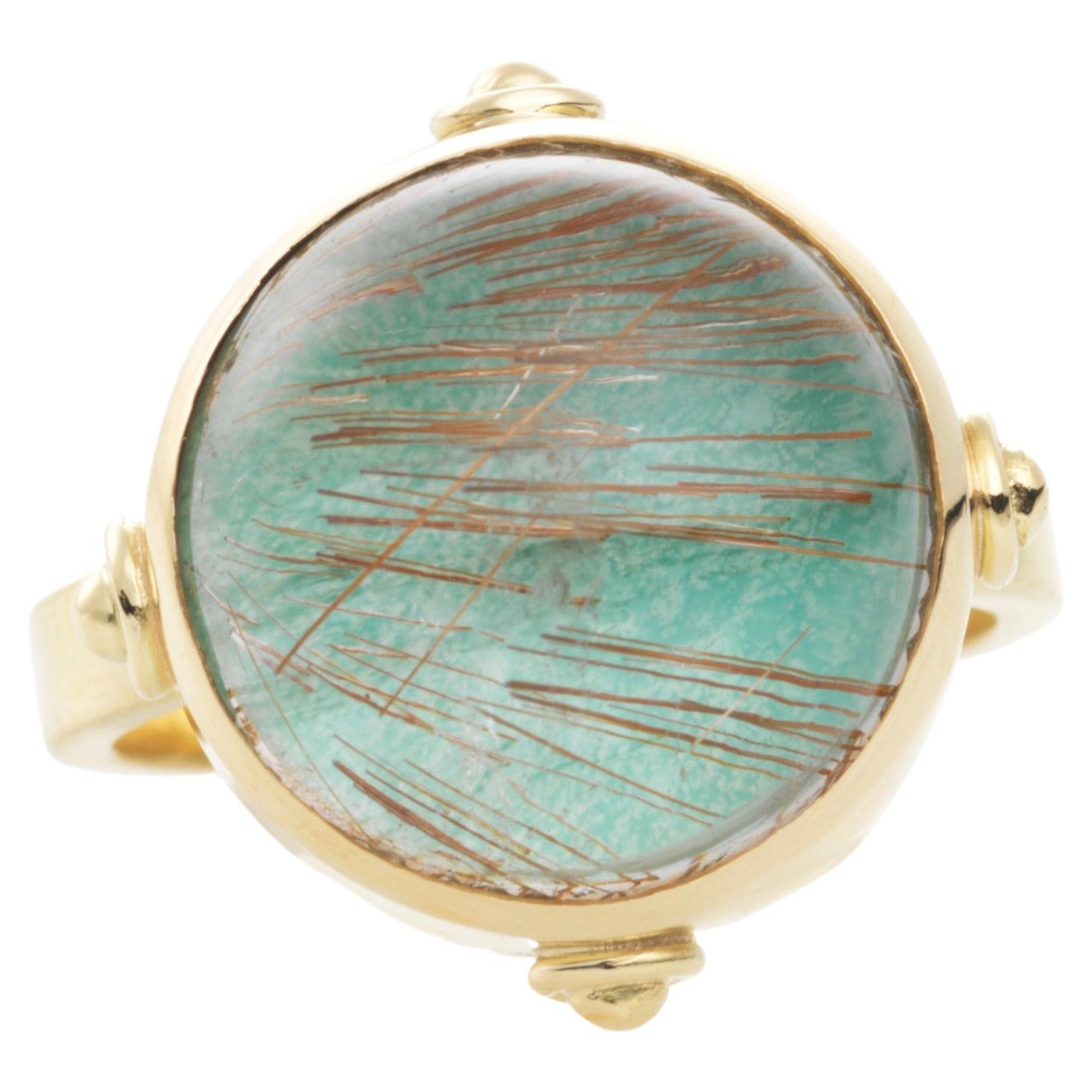 18k Gold Cocktail Ring with Rutilated Quartz on Turquoise For Sale
