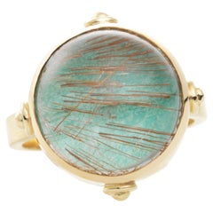18k Gold Cocktail Ring with Rutilated Quartz on Turquoise