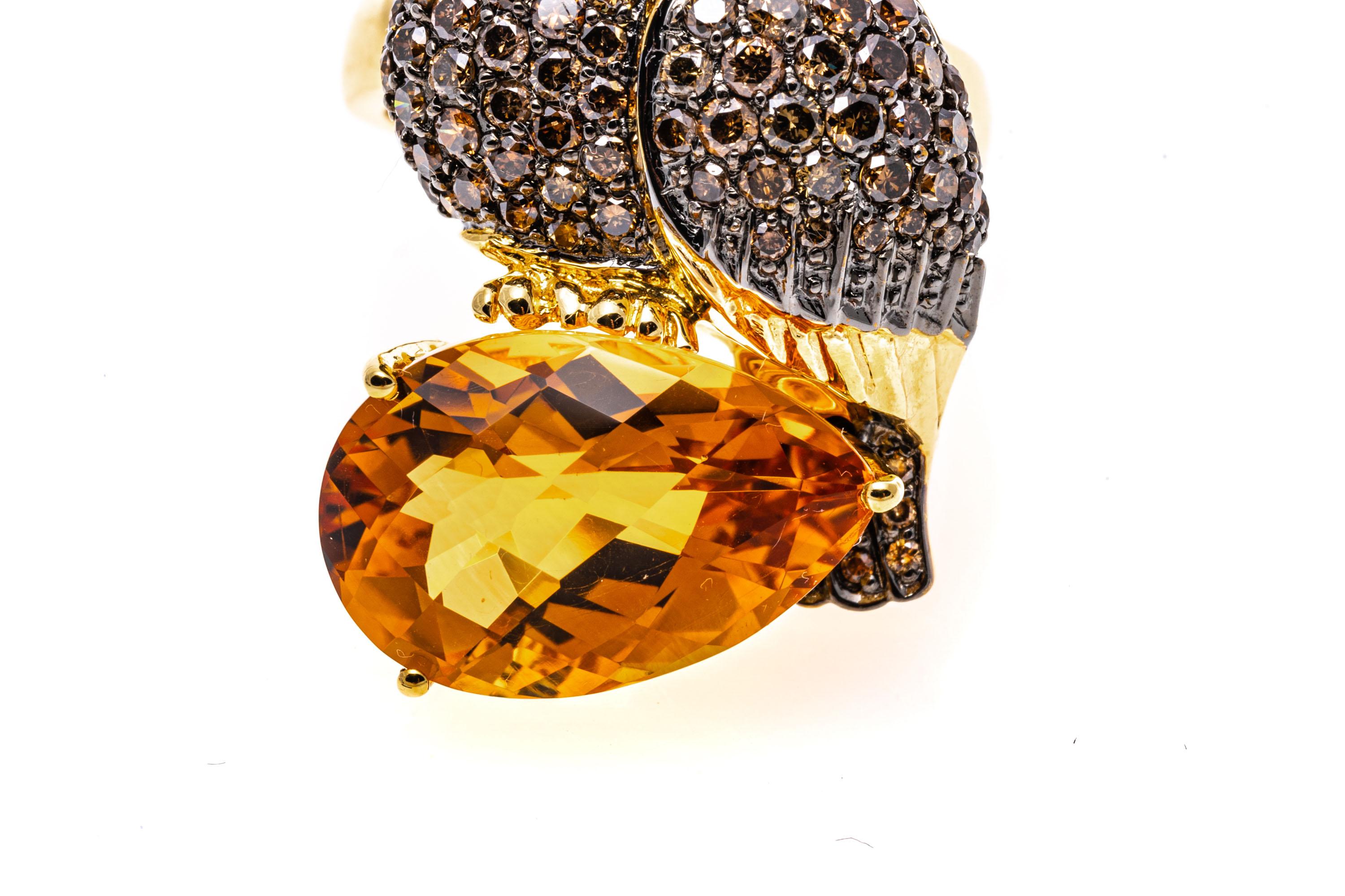 18k Gold Cognac Diamond Owl Ring/Pendant Set with Tourmaline and Citrine For Sale 3