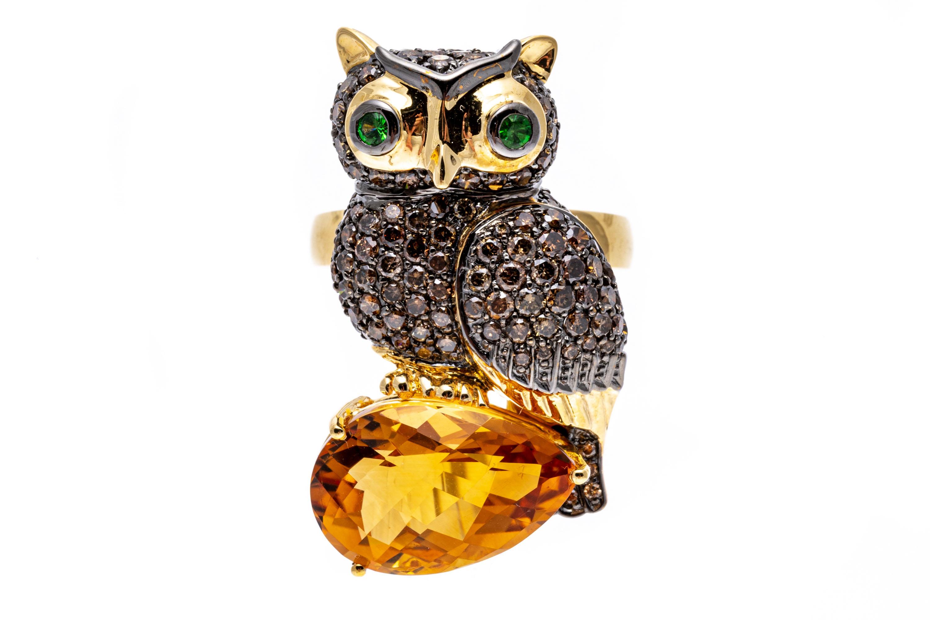 18k Gold Cognac Diamond Owl Ring/Pendant Set with Tourmaline and Citrine For Sale 5