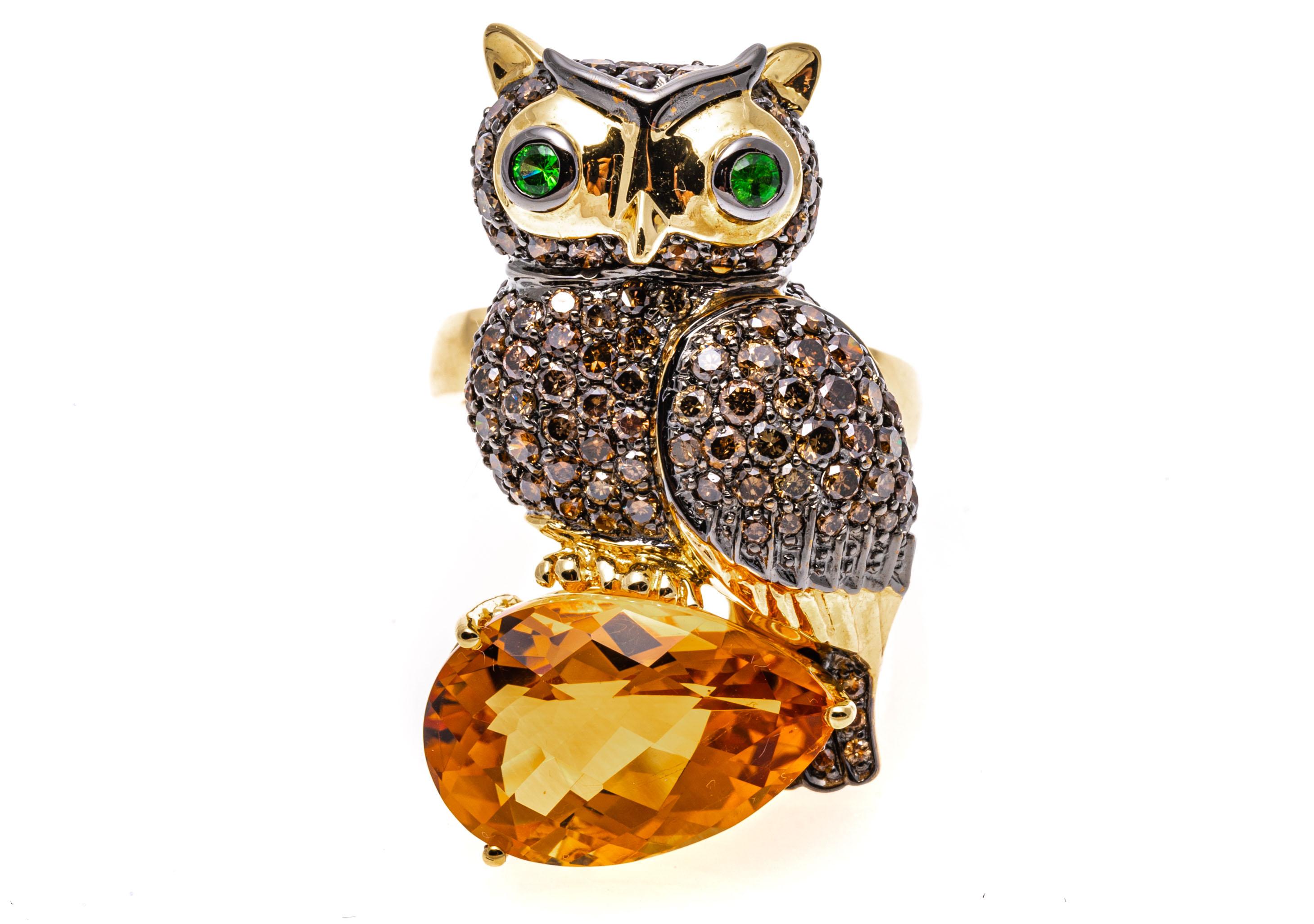 18k Gold Cognac Diamond Owl Ring/Pendant Set with Tourmaline and Citrine For Sale 7