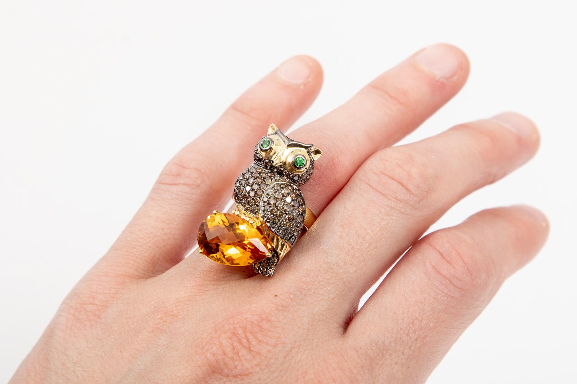 18k Gold Cognac Diamond Owl Ring/Pendant Set with Tourmaline and Citrine For Sale 8