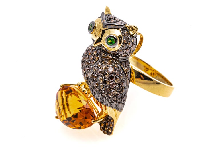 18k Gold Cognac Diamond Owl Ring/Pendant Set with Tourmaline and Citrine  For Sale at 1stDibs | swarovski owl ring, owl diamond ring, gold owl ring