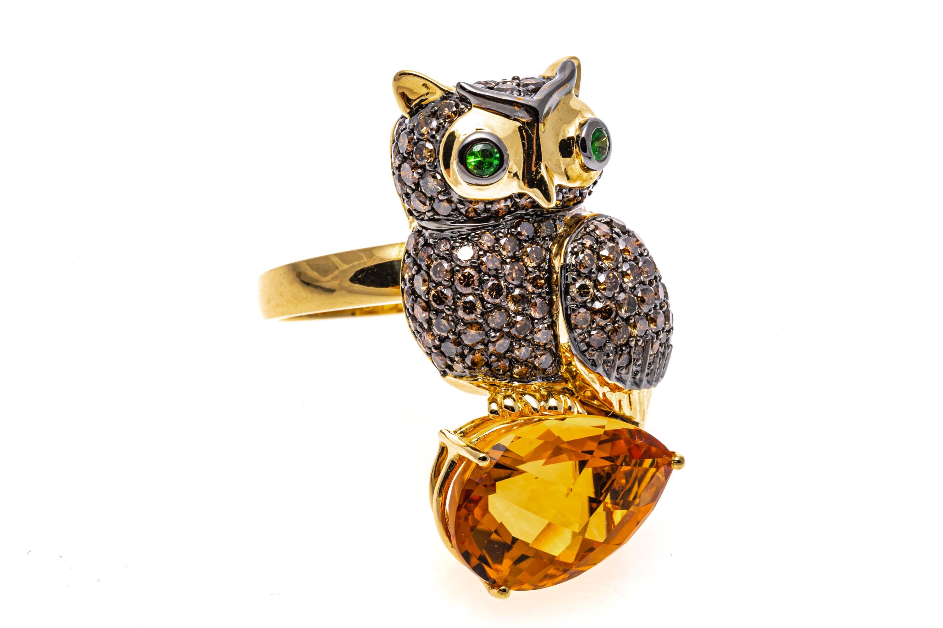 Women's 18k Gold Cognac Diamond Owl Ring/Pendant Set with Tourmaline and Citrine For Sale