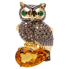 Vintage 18k Gold Cognac Diamond Owl Ring/Pendant Set with Tourmaline and Citrine