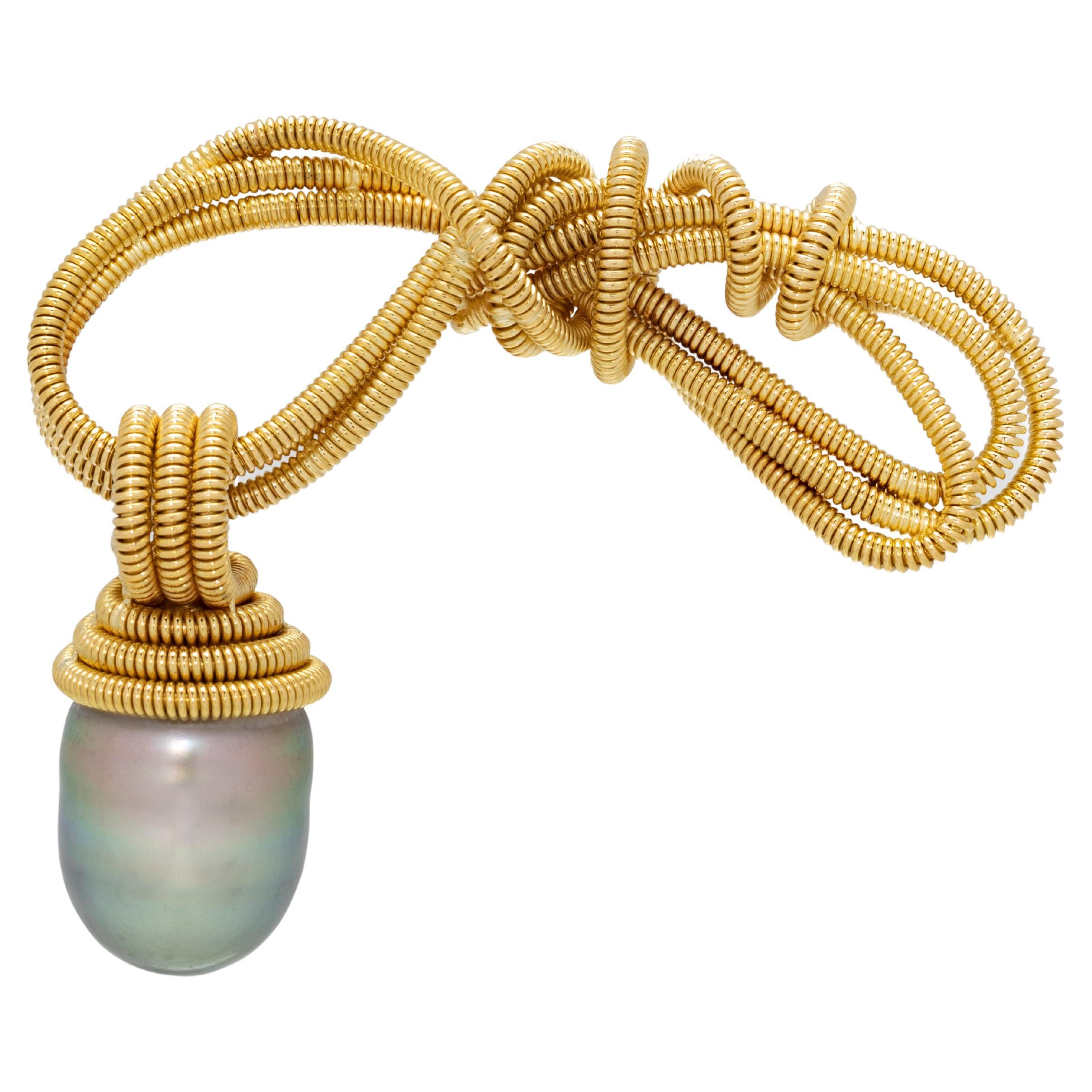 18k Gold Coil "Figure 8" Brooch with Tahitian Drop Pearl, by Gloria Bass For Sale
