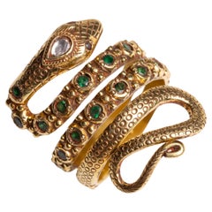 18K Gold Coil Snake Ring with Emeralds and Diamonds
