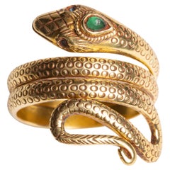 18K Gold Coiled Band Snake Ring with Emerald