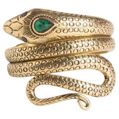 18K Gold Coiled Band Snake Ring with Emerald