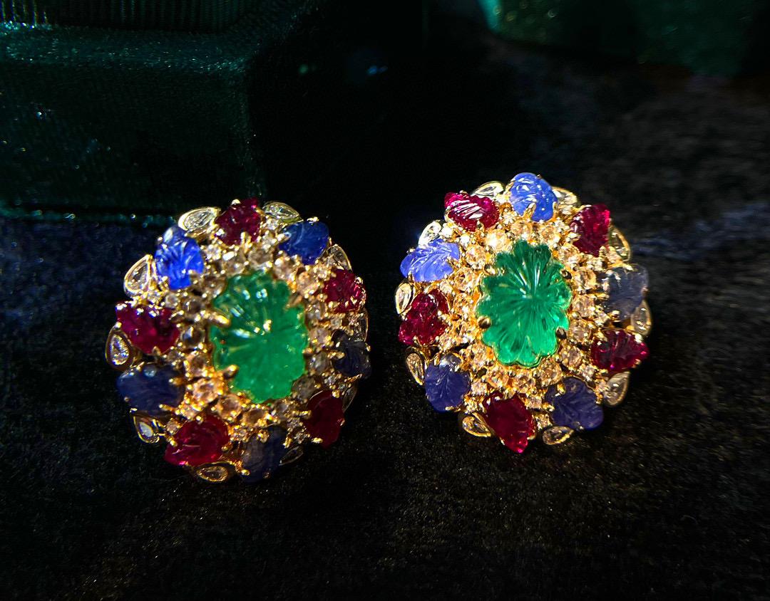 Round Cut 18K Gold Colombian Origin Rubies & Emeralds & Sapphires Earrings with Diamonds For Sale
