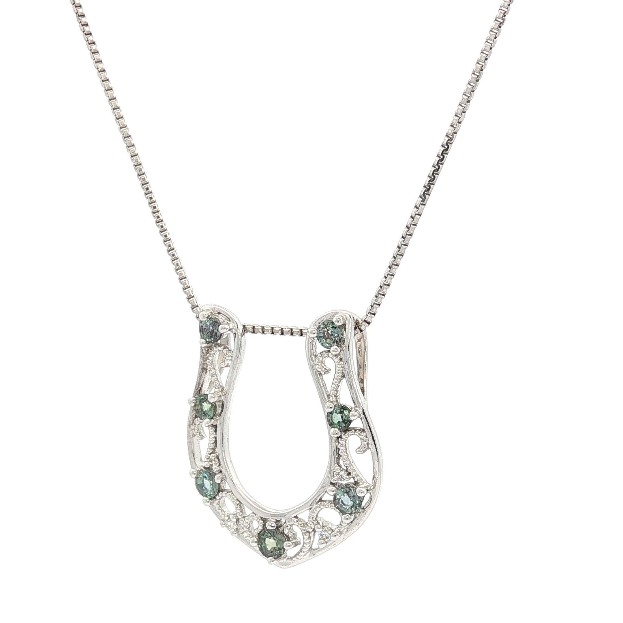 Women's 18k Gold Color Change Alexandrite & Diamond Horseshoe Lucky Slide Pendant Chain For Sale