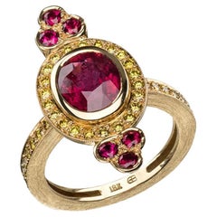 18k Gold Contemporary Madagascar Ruby and Yellow Diamond Ring, by Gloria Bass