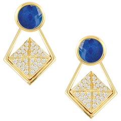 18K Gold Convertible Stud Earrings w/Lapis Lazuli, Clear White Quartz & Diamonds