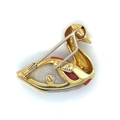 18k Gold Coral and White Jade Duck Pin