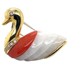 18k Gold Coral and White Jade Duck Pin
