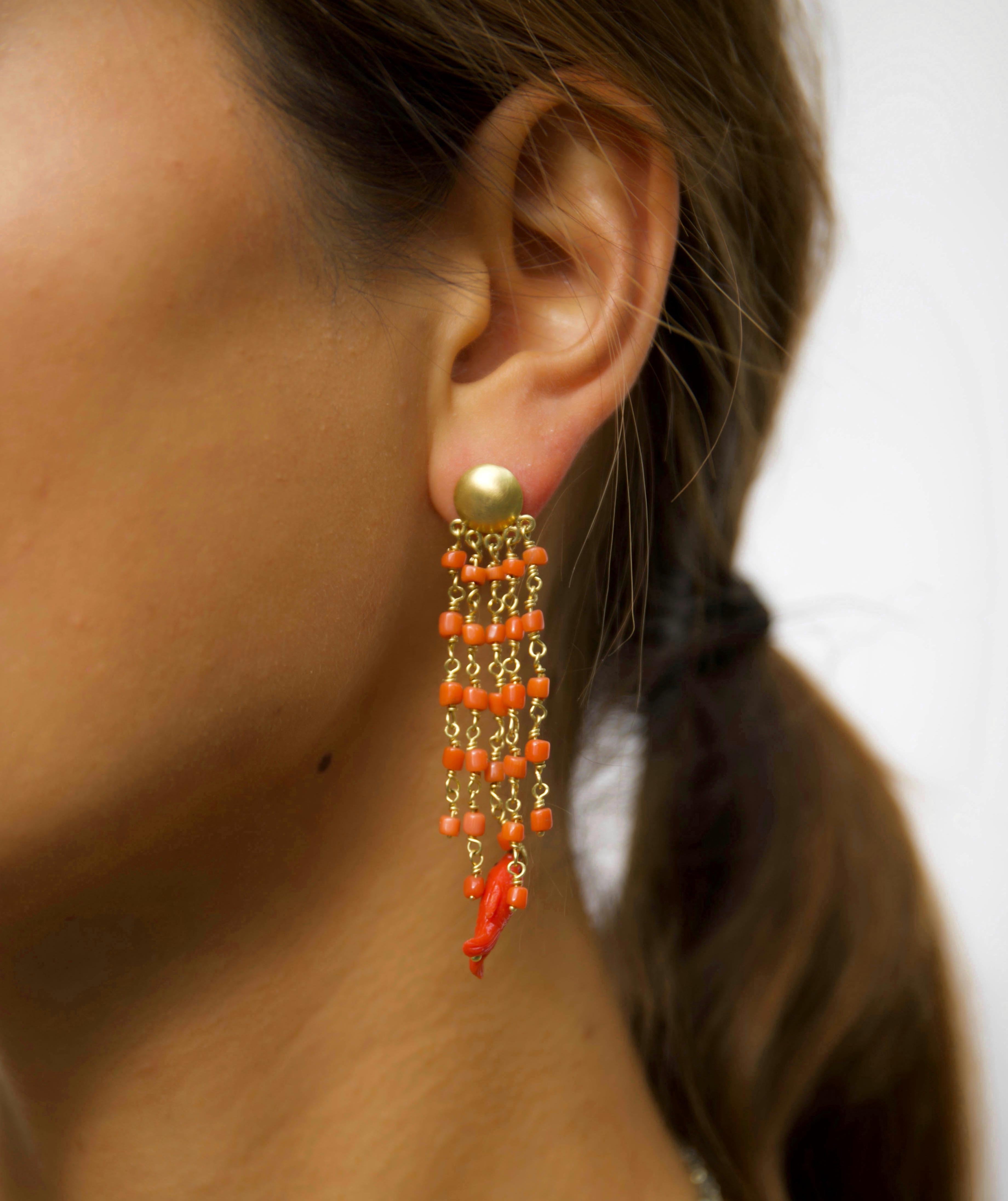 Artisan 18k Gold Coral Beads Chandelier Earrings with Carved Fish For Sale