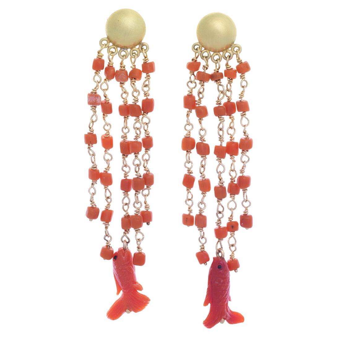 18k Gold Coral Beads Chandelier Earrings with Carved Fish For Sale