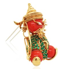 18K Gold Coral Chrysoprase Diamond Brooch